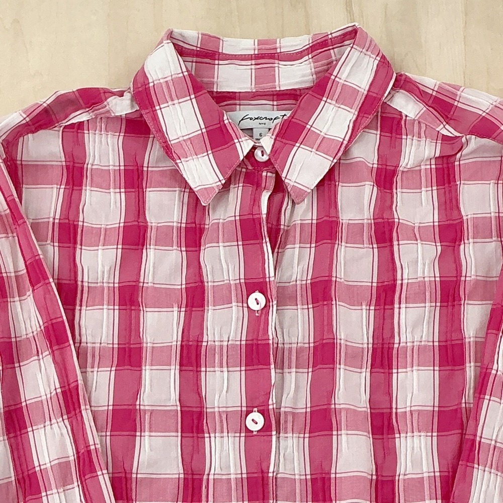 Womens Foxcroft NYC Pink Plaid Seersucker Button Down Shirt 6 Gigham Office Top
